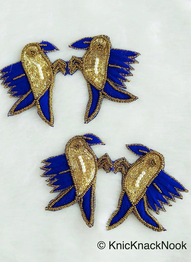 Embroidered Birds Pair Applique With Beige / Red / Blue And Antique Gold Embroidery, Gold And Pearl Beads